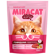 Корм сухой полнорац. Miracat с говядиной, для взрослых кошек всех пород, 0,75 кг/5шт