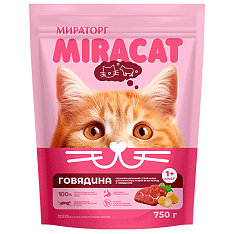 Корм сухой полнорац. Miracat с говядиной, для взрослых кошек всех пород, 0,75 кг/5шт