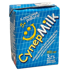 Молоко для дошкольного и школьн.возраста, ультрапаст. "СуперМилк"м.д.ж. 3,2%, 200мл. т/пак